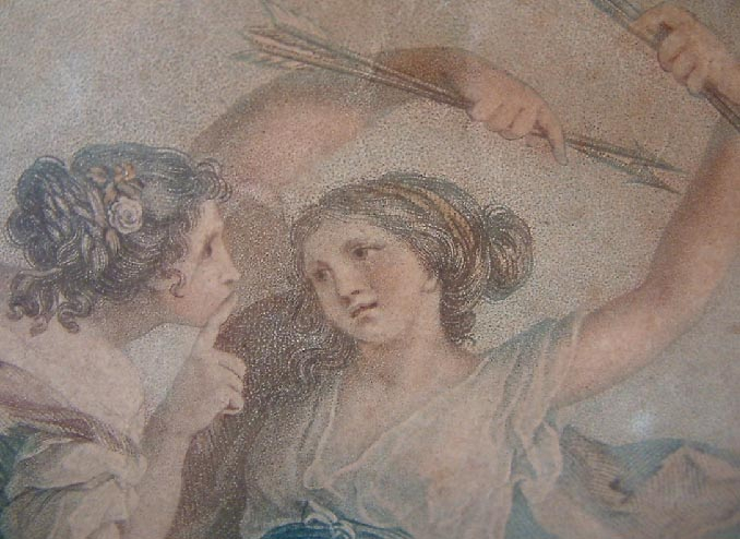 Georgian stipple engraving of Cupid 3 Muses 1770's